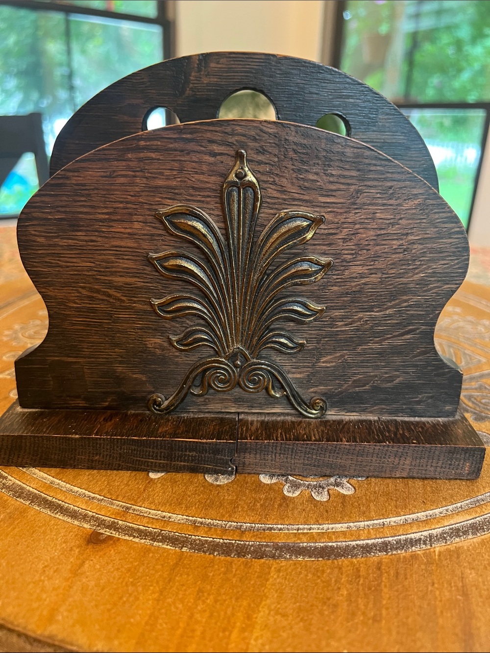 Vintage wood double napkin or letter holder with antique gold embellishment